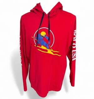 Polo Ralph Lauren Red Polo Ski Hooded Long Sleeve Graphic T-Shirt